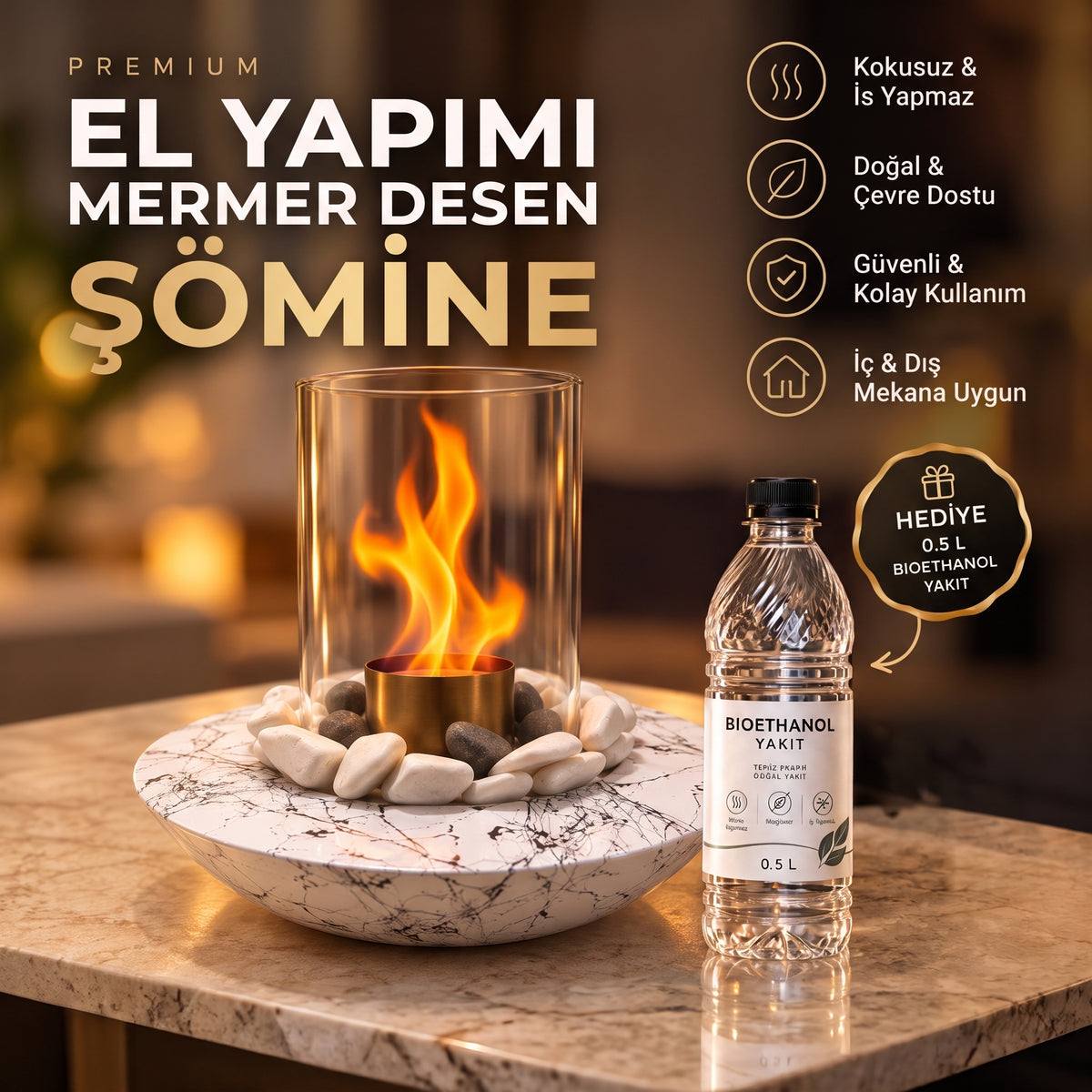 El Yapımı Mermer Desen Şömine