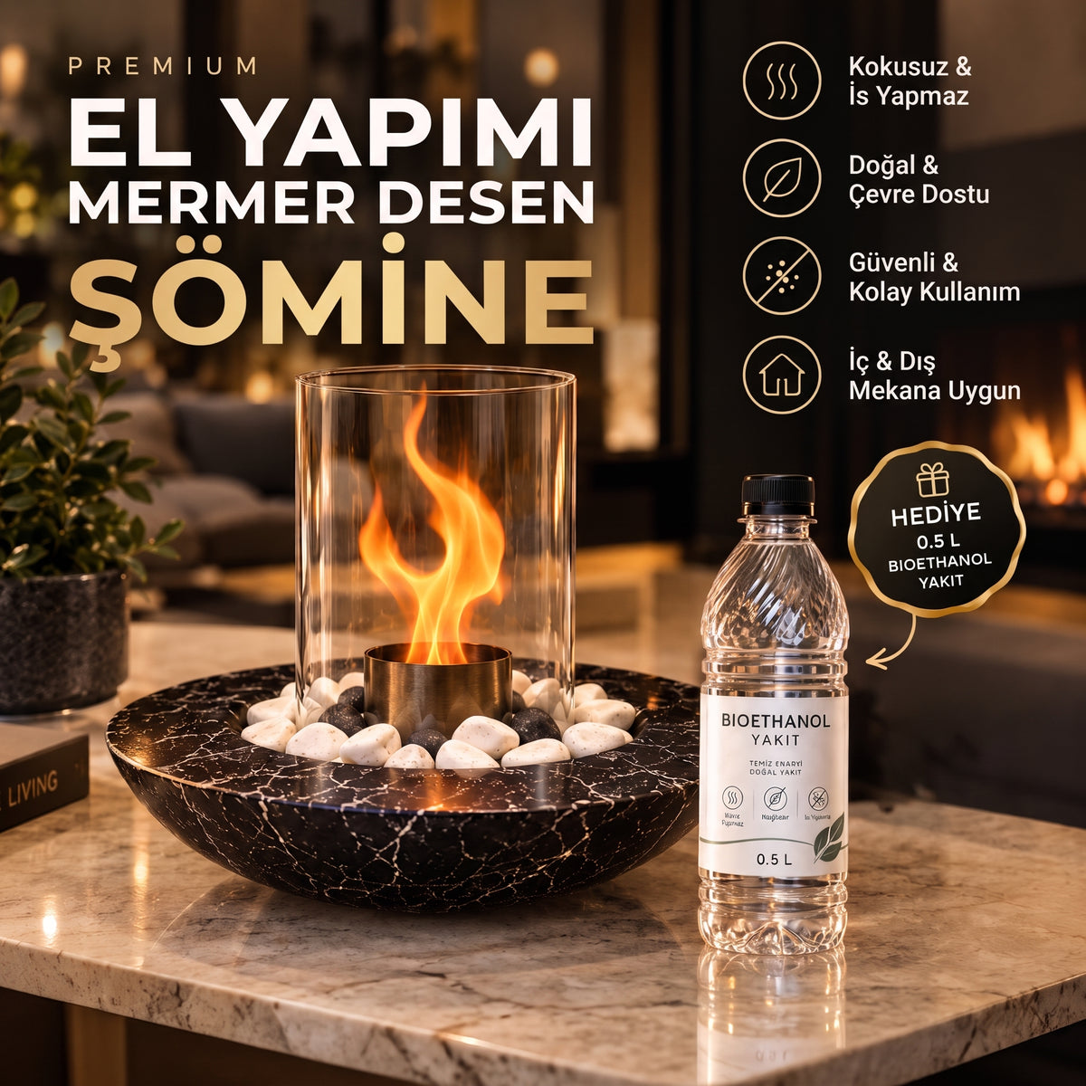 El Yapımı Mermer Desen Şömine
